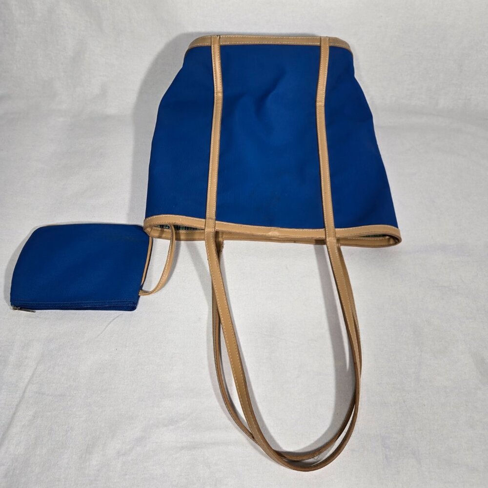 VINTAGE 90s Y2K Whitney Blue Canvas & Tan Trim Open Top Structure Roomy Tote Bag - Picture 11 of 17